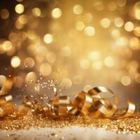 AI generated Golden blurred background with a bokeh effect, confetti, and golden ribbons. An abstract luxurious festive backdrop. Generative ai. photo