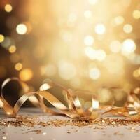 AI generated Golden blurred background with a bokeh effect, confetti, and golden ribbons. An abstract luxurious festive backdrop. Generative ai. photo