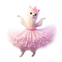 AI generated Cute cartoon alpaca in 3D style wearing a tutu and pointe shoes. Generative ai. photo