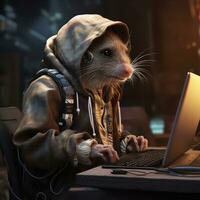 ai generado encorvado encima, el rata hacker contempla un virtual golpe, ojos reluciente con astucia intención en el computadora pantalla brillo. foto