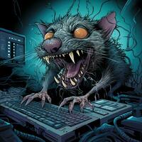AI generated Sinister rat with bared fangs types maliciously, a symbol of online malevolence. Comics style. Generative ai. photo