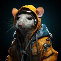 AI generated Rat in a hood and a yellow rain jacket. Anthropomorphic character. Generative ai. photo