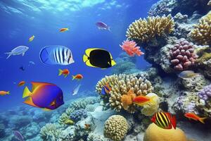 AI generated Underwater world with corals and tropical fish. Generated AI. photo