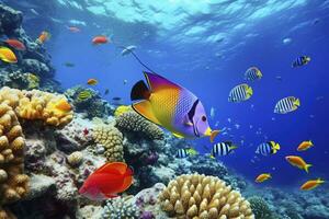 AI generated Underwater world with corals and tropical fish. Generated AI. photo