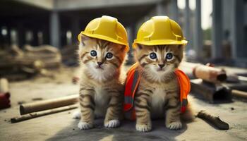 AI generated Two kittens wearing hard hats on a construction site. Generative AI photo