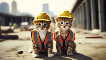 ai generado dos gatitos vistiendo difícil sombreros en un construcción sitio. generativo ai foto