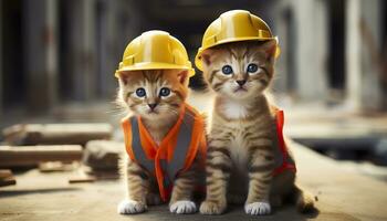 AI generated Two kittens wearing hard hats on a construction site. Generative AI photo