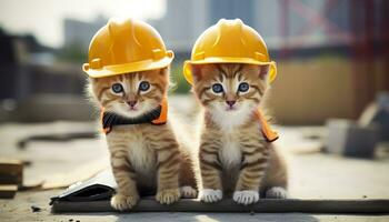 ai generado dos gatitos vistiendo difícil sombreros en un construcción sitio. generativo ai foto