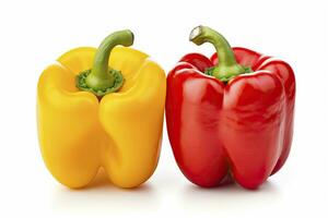 AI generated Two bell peppers, a red and a yellow isolated on white background. AI Generated. photo