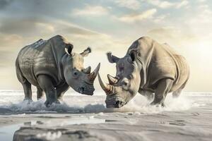 AI generated Two Rhinoceros getting ready for fight on Ice. AI Generated photo