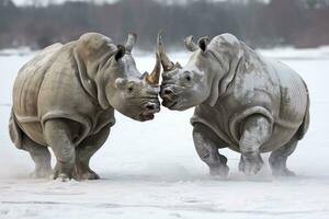 ai generado dos rinoceronte consiguiendo Listo para lucha en hielo. ai generado foto