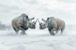 ai generado dos rinoceronte consiguiendo Listo para lucha en hielo. ai generado foto