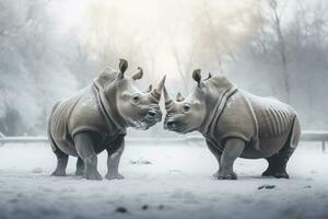 AI generated Two Rhinoceros getting ready for fight on Ice. AI Generated photo