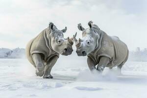 ai generado dos rinoceronte consiguiendo Listo para lucha en hielo. ai generado foto