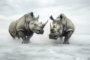 AI generated Two Rhinoceros getting ready for fight on Ice. AI Generated photo