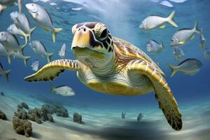 AI generated Turtle closeup with school of fish. AI Generated photo