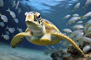 AI generated Turtle closeup with school of fish. AI Generated photo