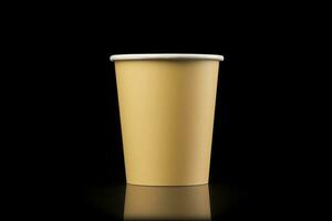 AI generated Side view yellow empty disposable paper fast food cup isolated on black background. Generative AI photo