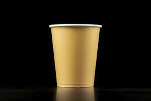 AI generated Side view yellow empty disposable paper fast food cup isolated on black background. Generative AI photo