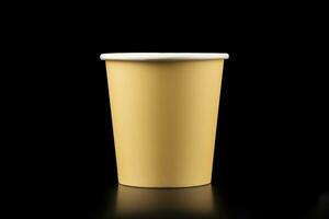 AI generated Side view yellow empty disposable paper fast food cup isolated on black background. Generative AI photo