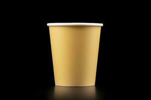 AI generated Side view yellow empty disposable paper fast food cup isolated on black background. Generative AI photo