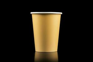 AI generated Side view yellow empty disposable paper fast food cup isolated on black background. Generative AI photo