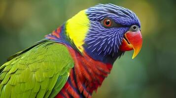 AI generated Side view Closeup of beautiful and colorful Lorikeet Green naped bird. Generative AI photo