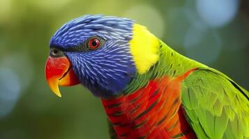 AI generated Side view Closeup of beautiful and colorful Lorikeet Green naped bird. Generative AI photo