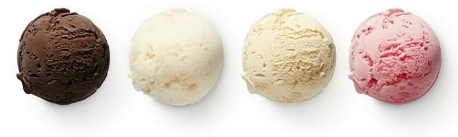 AI generated Set of four various ice cream balls or scoops isolated on white background. AI Generated photo