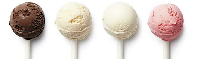 AI generated Set of four various ice cream balls or scoops isolated on white background. AI Generated photo