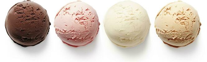 AI generated Set of four various ice cream balls or scoops isolated on white background. AI Generated photo