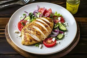 AI generated Seared chicken breast and Greek salad on a wooden table. Generative AI photo