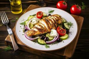 AI generated Seared chicken breast and Greek salad on a wooden table. Generative AI photo