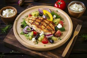 AI generated Seared chicken breast and Greek salad on a wooden table. Generative AI photo