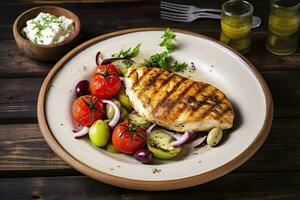 AI generated Seared chicken breast and Greek salad on a wooden table. Generative AI photo