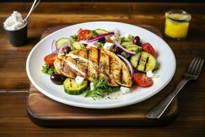AI generated Seared chicken breast and Greek salad on a wooden table. Generative AI photo