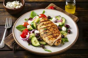 AI generated Seared chicken breast and Greek salad on a wooden table. Generative AI photo