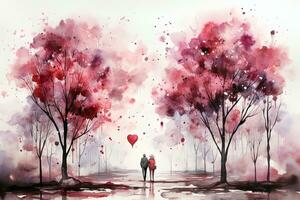 AI generated Valentines Day pink watercolor landscape background. Ai generative art photo