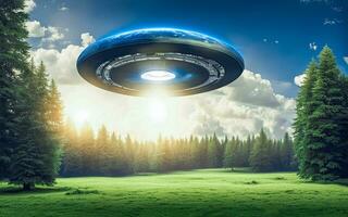 AI generated ufo flying over a forest with trees and grass photo