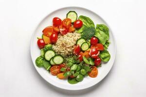 AI generated Salad with quinoa, spinach, broccoli, tomatoes, cucumbers and carrots. AI Generated photo
