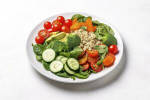 AI generated Salad with quinoa, spinach, broccoli, tomatoes, cucumbers and carrots. AI Generated photo