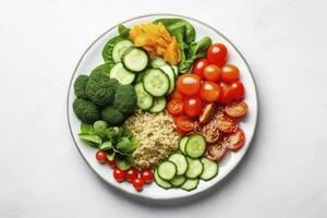 ai generado ensalada con quinua, espinaca, brócoli, Tomates, pepinos y zanahorias. ai generado foto