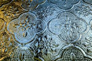 a close up of a glass window with a pattern photo