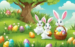 AI generated Paper cut style with rabbit and easter egg in the grass. For Easter day, invitation, greeting card, posters and wallpaper. illustration. This photo was generated using Playground AI