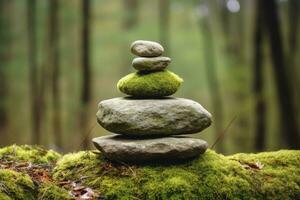 AI generated Pyramid stones balance on old mossy fallen tree. AI Generated photo