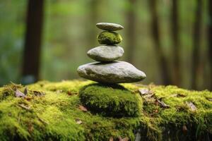 AI generated Pyramid stones balance on old mossy fallen tree. AI Generated photo