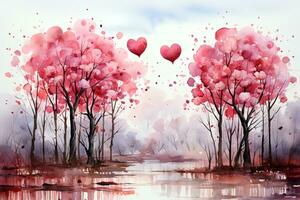 AI generated Valentines Day pink watercolor landscape background. Ai generative art photo