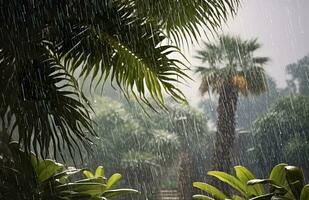 AI generated Rain in the tropics during the low season or monsoon season. Raindrops in a garden. Generative AI photo