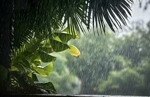 ai generado lluvia en el zona tropical durante el bajo temporada o monzón estación. gotas de lluvia en un jardín. generativo ai foto