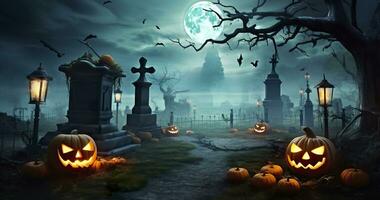 AI generated Pumpkins In Graveyard In The Spooky Night, Halloween Backdrop. Generative AI photo